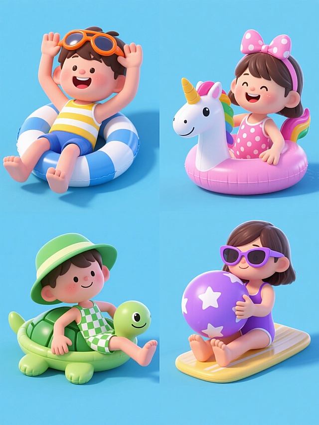 一组四个3D卡通风格儿童夏日水上玩具场景的系列素材，每个场景均采用纯色背景且整体色彩各不相同，保持相同的圆润可爱角色造型、明亮高饱和色调、光滑材质质感和生动表情动态，元素类目统一为“儿童+水上玩具+夏日休闲”，但具体内容完全不同：第一个场景是戴着橙色泳镜、穿着黄白条纹背心和蓝色短裤的男孩躺在蓝白条纹游泳圈上，双手举过头顶扶着泳镜，咧嘴大笑；第二个场景是戴着粉色蝴蝶结发箍、穿着粉白波点泳衣的女孩坐在粉色充气独角兽游泳圈上，双手抓住独角兽的角，露出开心的微笑；第三个场景是戴着绿色遮阳帽、穿着绿白格子连体泳衣的小男孩趴在绿色乌龟造型浮板上，双手撑在浮板边缘，双脚翘起；第四个场景是戴着紫色太阳镜、穿着紫色吊带泳衣的小女孩抱着紫色充气水球，水球上有白色星星图案，她将脸颊贴在水球上，露出满足的表情。四个场景呈2x2网格状规整排布，每个场景独立且具有相同的光照效果、阴影处理和构图比例，整体风格统一，充满夏日欢乐童趣氛围。