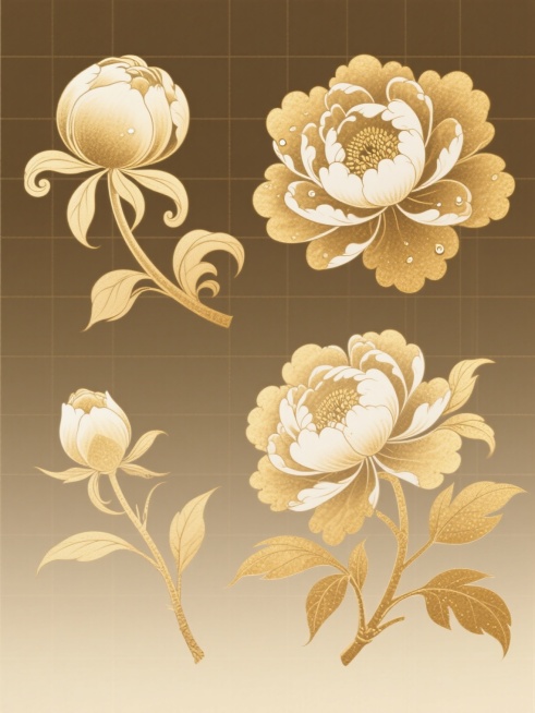 金色渐变磨砂质感的牡丹花系列素材集合，采用中国传统工笔白描勾勒轮廓，搭配磨砂金填充效果，包含四种完全不同造型的牡丹花：一朵半开的球形牡丹配卷曲枝叶、一朵盛开的层叠花瓣牡丹带露珠点缀、一朵花苞形态的牡丹搭配细长藤蔓、一朵侧向绽放的牡丹配分叉叶片，所有元素均以规整的网格状排布在纯色背景上，保持线条流畅细腻、色彩统一为金色系且带有细微明暗渐变，整体呈现典雅精致的传统装饰风格。预览效果