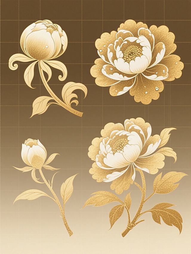 金色渐变磨砂质感的牡丹花系列素材集合，采用中国传统工笔白描勾勒轮廓，搭配磨砂金填充效果，包含四种完全不同造型的牡丹花：一朵半开的球形牡丹配卷曲枝叶、一朵盛开的层叠花瓣牡丹带露珠点缀、一朵花苞形态的牡丹搭配细长藤蔓、一朵侧向绽放的牡丹配分叉叶片，所有元素均以规整的网格状排布在纯色背景上，保持线条流畅细腻、色彩统一为金色系且带有细微明暗渐变，整体呈现典雅精致的传统装饰风格。