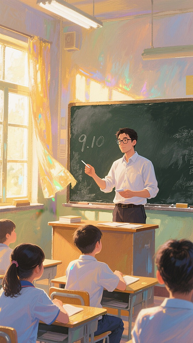 教室日常上课场景，特写戴眼镜男教师黑板前专注授课，黑板上写了9.10，学生听讲，暖黄阳光透过窗户洒入，营造柔和光影，画面重心居下