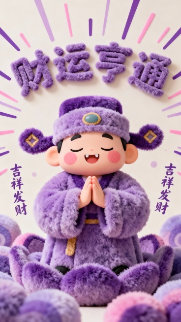 一个戴着财神帽、身穿紫色毛绒长袍的卡通财神爷，双手合十闭眼微笑，脸上带着腮红和可爱的牙齿，周围环绕着紫色渐变的毛绒质感装饰，上方有立体毛绒字体“财运亨通”，背景是浅色的，点缀着放射状的紫色和粉色线条以及各种手写风格的吉祥发财文字，整体呈现出温暖、喜庆、可爱的毛绒风格发财主题插画。预览效果