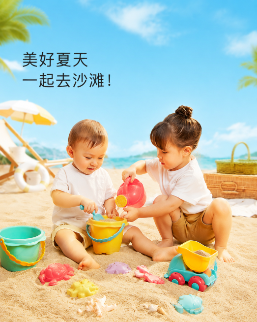 参考原图的夏日沙滩儿童玩具风格，重新生成画面，保留两个小孩在沙滩玩沙玩玩具的美好夏日场景，保留文案“美好夏天 一起去沙滩！”，整体保持明亮清新的氛围预览效果