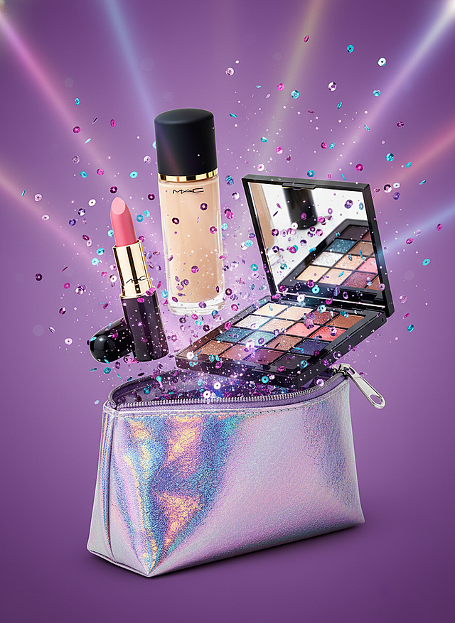 Y2K风+3D风，梦幻紫光与霓虹粒子环绕，金属质感化妆包中跃出MAC彩妆，融合未来感与甜蜜感，潮流时尚尽显。