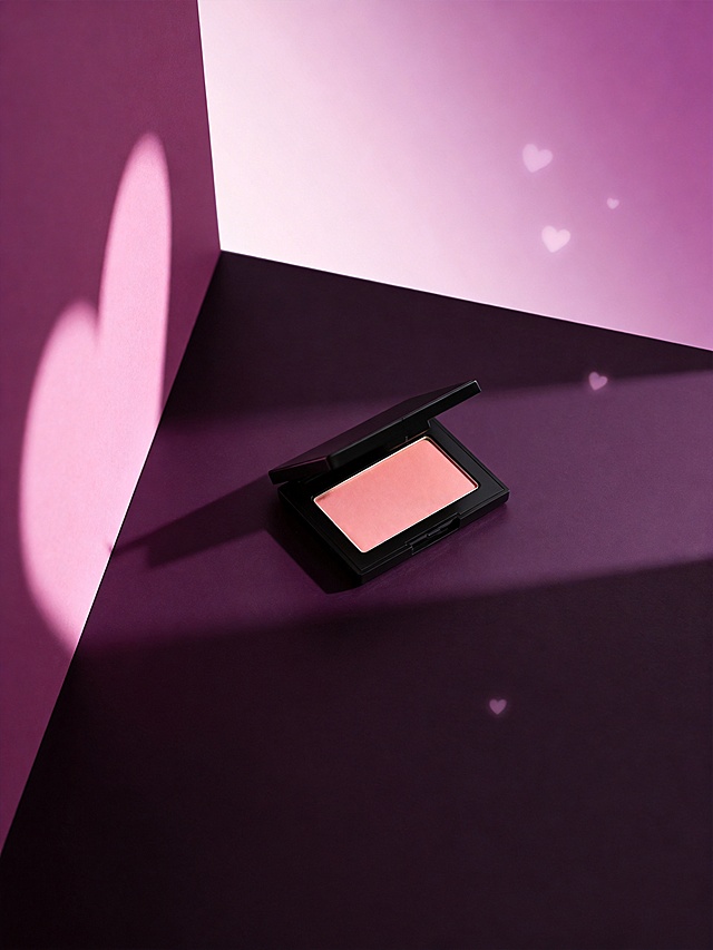 梦幻紫调光影中，3D轻拟物风腮红盒绽放甜蜜浪漫，玻璃质感心形光斑点缀，柔美氛围尽显情人节专属情愫。