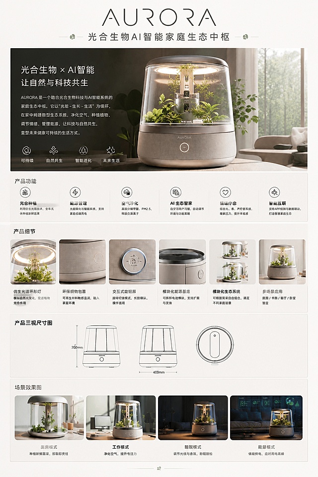 生成一张A4竖版展板海报，产品为AURORA，是融合光合生物科技与AI智能系统的家庭生态中枢。画面版式清晰分区，依次包含：顶部主标题、主效果图区域、设计说明区域、产品功能图区域、产品细节图区域、产品三视尺寸图区域、场景效果图区域。主标题文字为 "AURORA"，副标题文字为 "光合生物AI智能家庭生态中枢"。风格为现代简约科技风，低饱和度莫兰迪配色，简洁干净，信息层级清晰，产品还原准确，科技与自然融合的氛围，超高清4K画质，排版精美，四边留足安全边距，所有文字清晰可读。内容包含：主效果图、产品名称、设计说明、产品功能图、产品细节图、产品三视尺寸图、场景效果图，完整按照用户要求排布。商品主体百分百还原上传参考图的外形、结构、配色和logo。