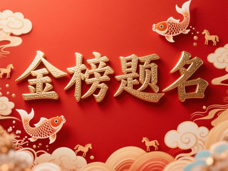 “金榜题名”在一排，四字采用青铜浮雕纹理质感，背景为喜庆红色，有云纹、锦鲤，象征鲤鱼跃龙门，正面主视角，中国风，4K高清，大气好看，背景有些小马预览效果