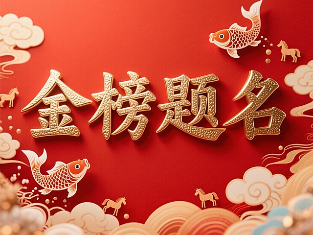“金榜题名”在一排，四字采用青铜浮雕纹理质感，背景为喜庆红色，有云纹、锦鲤，象征鲤鱼跃龙门，正面主视角，中国风，4K高清，大气好看，背景有些小马