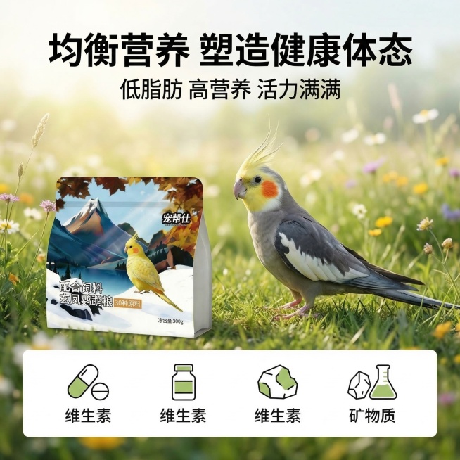 严格还原上传的产品图，包括宠帮仕鹦鹉粮包装设计、颜色、LOGO位置、文字内容、图案元素等所有细节；主标题"均衡营养 塑造健康体态"，副标题"低脂肪 高营养 活力满满"；画面展示一只羽毛鲜亮、体态轻盈的预览效果