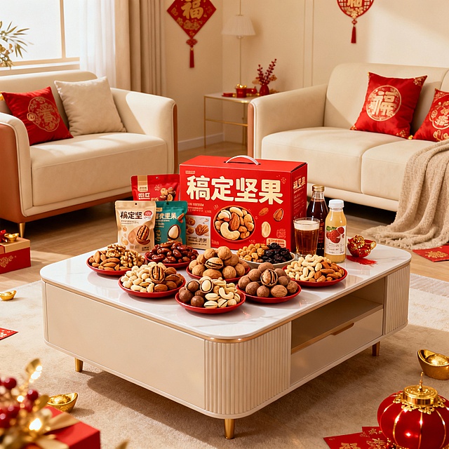 电商主题海报，纯画面图，不需要添加文字；核心元素：年货组合（坚果礼盒、零食包装、饮品，商品名称稿定坚果）、背景，春节氛围下的奶油风客厅内茶几上摆放着年货组合；背景奶油风室内客厅。构图：年货组合居画面中下部作视觉焦点，前面坚果摆盘丰富，紧凑，茶几上作新春装饰环绕烘托氛围，视觉热闹且突出产品。感饱满（年货包装细节、装饰元素光泽、背景氛围），传递热闹年味。产品之间的距离紧凑一些；画面背景简约，颜色色系统一；画面色彩：正红 + 鎏金 + 坚果暖棕为主，色调浓郁喜庆。