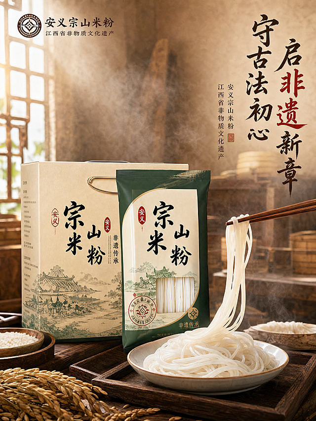 [主图-1] 安义宗山米粉产品首图，展示古法制作非遗传承。
[氛围风格] 国风复古，非遗传承氛围，传统古风质感
[画质] 商业摄影质感、自然暖光通透、产品清晰真实、画面干净高级
[元素] 画面居中展示宗山米粉袋装产品，前景放置一碗煮好的洁白米粉，筷子夹起一根弹起带出Q弹动态，保留原产品包装外观、品牌字形、配色与原参考图绝对一致，杜绝任何变形和色差，精细化处理。商品主体占比严格控制在60%-80%之间，画面满屏无边框。背景融入古朴江南木制老作坊局部，左上角留出负空间放品牌logo，保持品牌logo和原参考一致。
[光影] 自然暖阳从侧窗射入，暖金色逆光透过米粉，凸显通透质感，柔和不生硬，暗部有层次，高光不溢色，整体氛围温暖古朴。
[配色] 主色调米白原木棕，辅助色深墨绿和朱砂红，提取产品本身配色，自然高级。
[视角构图] 平视视角，景深中等，产品完整不裁切，前景中景背景层次清晰。
[文字版式] 左上角放品牌logo，画面右侧竖排大字主文案："守古法初心 启非遗新章"，书法字体，深棕主色，"非遗新章"中"非遗"二字用朱砂红色强调。主文案下方小字辅助文案："安义宗山米粉 江西省非物质文化遗产"，字体纤细清晰。文字不遮挡产品主体，放置在负空间。
[比例分辨率] 3:4 比例，4k 分辨率；文字清晰可辨，超高清
[负向提示词] 变形，水印，文字错乱，产品图模糊，背景杂乱