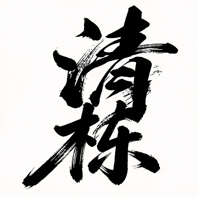 平面书法艺术字体设计，两个字"清栋"，书法手写字体，粗毛笔蘸浓墨用力挥毫书写，飞白枯笔技法，笔画粗细对比极端，大弧度曲线搭配硬直线，字形倾斜向右充满动感，两字紧密咬合融为一个整体，气势狂野张力十足，黑色字体，纯白色干净背景，仅包含这两个字，不得增加其他文字或元素，画面中只能出现这2个字："清"、"栋"，不得增加、遗漏或替换任何一个字，文字整体必须完整呈现在画面内不可被裁切，四周留有安全边距。