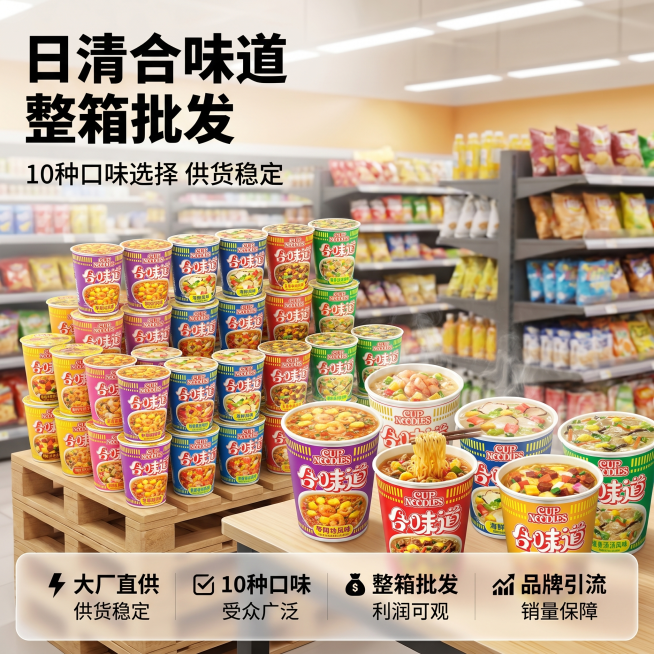 [主图 1] 日清合味道泡面整箱批发超市陈列首图
[氛围风格] 电商零食风格，超市堆头陈列场景，食欲感满满，专业靠谱批发氛围
[画质] 商业摄影质感、光线柔和通透、产品清晰真实、画面干净高级
[元素]预览效果