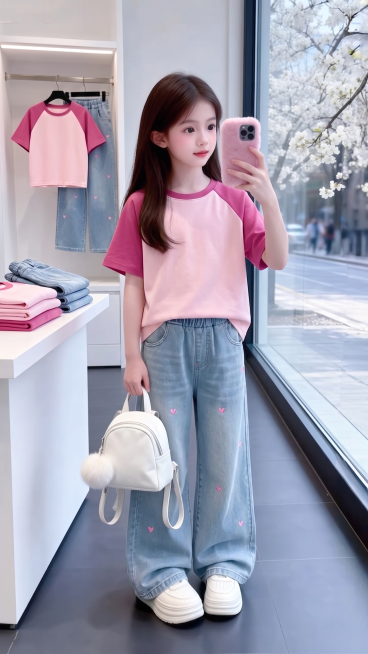 用图1的宽松短袖短袖和宽松阔腿牛仔裤替换掉图2的模特身上穿的衣服裤子和旁边桌子上折叠的衣服以及后方衣架上挂着的衣服，保留原场景光影，保持图2的人物的五官和发饰不变，姿势不变，背景不变，图片宽高尺寸不变预览效果
