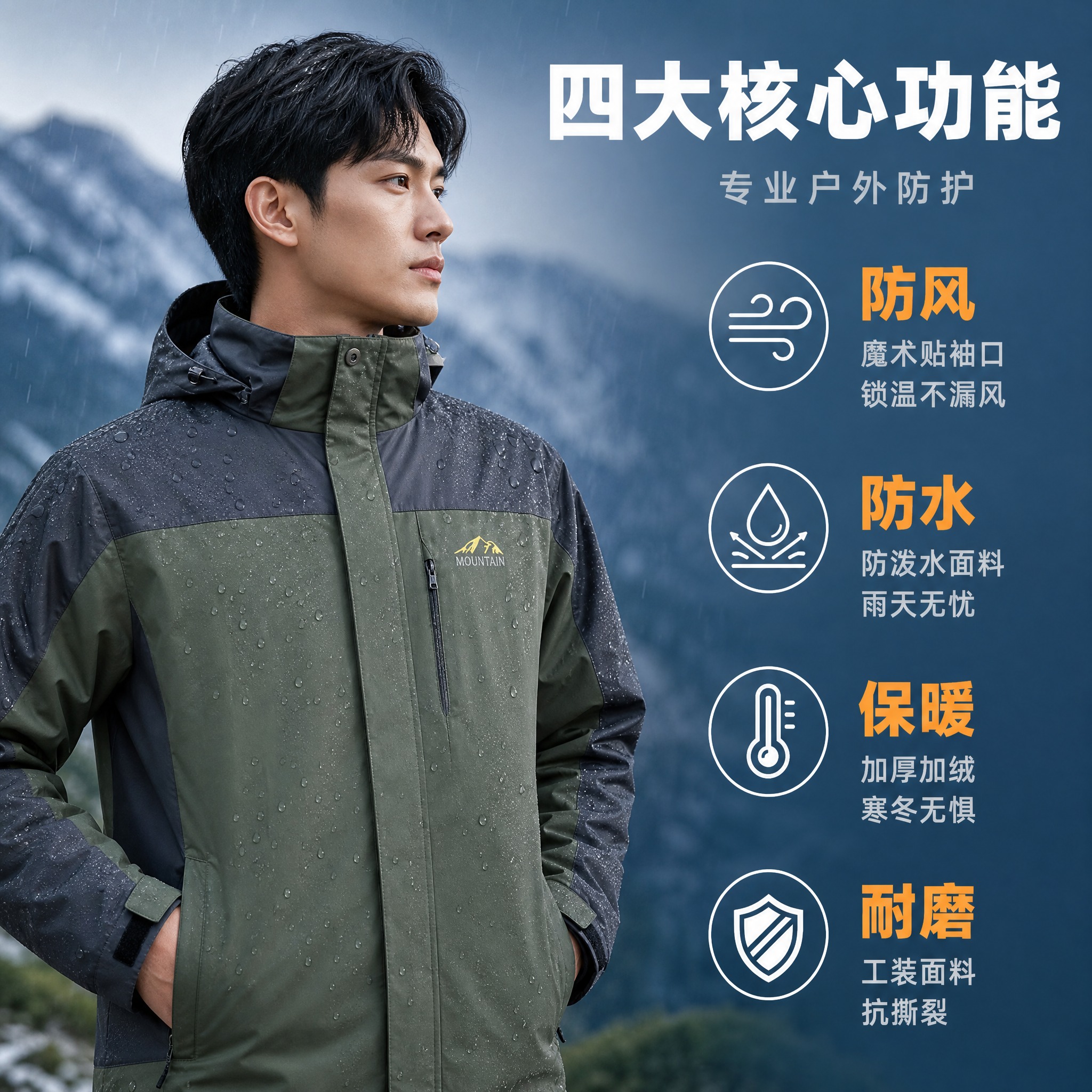 [主图-2] 功能参数展示图，主题：四大核心功能 专业户外防护… - 图片创意预览