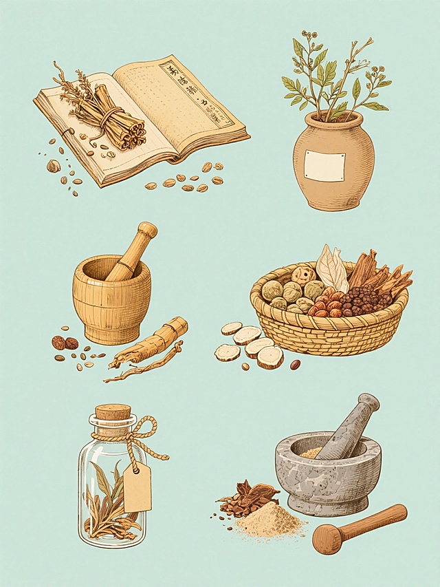 一系列6个完全不同的中药元素插画，保持复古手绘线稿风格，搭配温暖的棕黄色调与细致的纹理表现，每个元素独立成图且排布规整；包含：1. 打开的古旧医书旁放着几束捆扎的干草药与散落的种子，2. 陶制药罐中插着新鲜的草药枝叶，罐身贴有空白标签，3. 竹制研钵与研杵旁散落着切片的根茎类药材，4. 编织篮内装满不同种类的干燥果实与种子，5. 玻璃药瓶中浸泡着草药，瓶口系着麻绳与标签，6. 石臼与木槌旁摆放着研磨后的药粉与未加工的药材；所有元素均以纯净的纯色背景衬托，线条细腻流畅，细节丰富，整体呈现出古朴自然的中医药文化氛围。