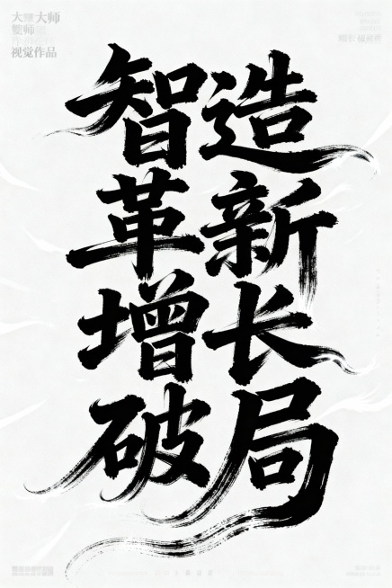 书法字体海报，主体为“智造革新  增长破局”8个草书汉字，草书字体狂野奔放，视觉张力富有动感，超粗笔画流畅飘逸，笔画巧妙延长变形，带有飞白效果，笔画流畅潇洒，干净背景，整体呈现大师海报作品风格，电影海预览效果