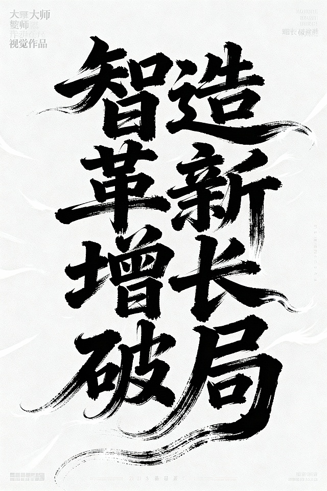 书法字体海报，主体为“智造革新  增长破局”8个草书汉字，草书字体狂野奔放，视觉张力富有动感，超粗笔画流畅飘逸，笔画巧妙延长变形，带有飞白效果，笔画流畅潇洒，干净背景，整体呈现大师海报作品风格，电影海报视觉效果