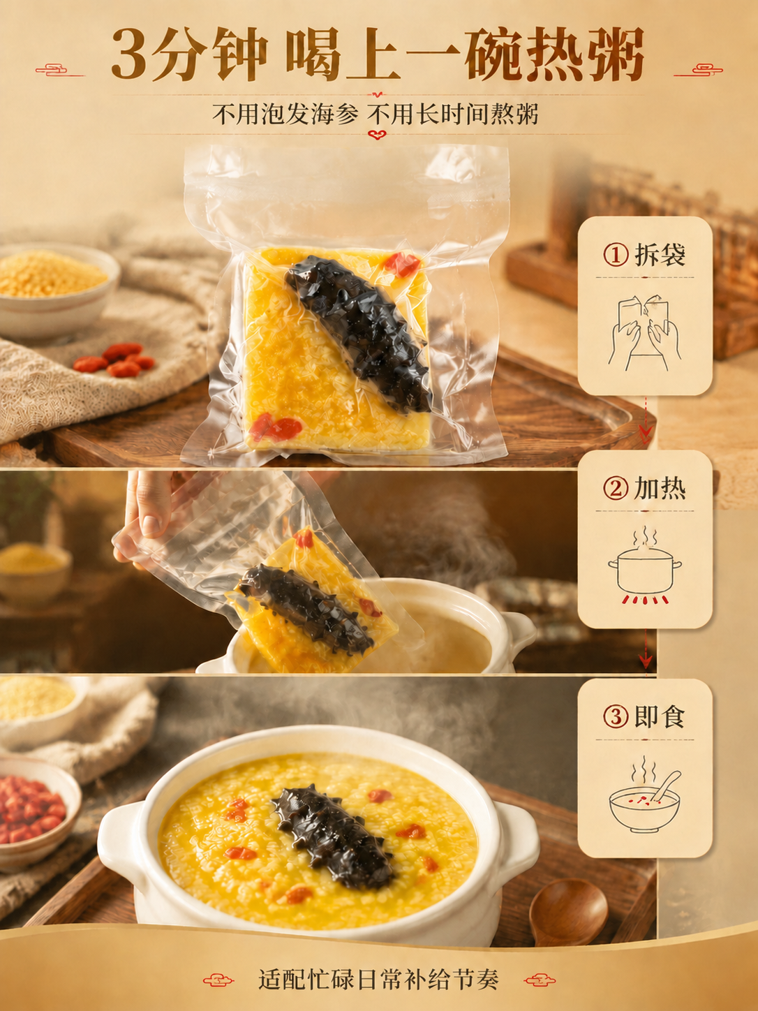 删除图中第二段画面（中间段）手拿着的袋装产品上部的白色标签，包… - 图片创意预览
