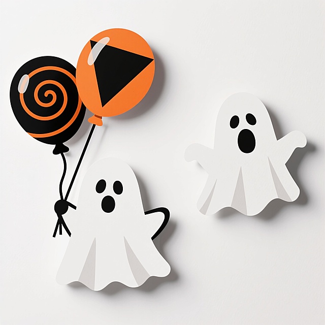 万圣节主题插画，白色背景，两个卡通幽灵角色，左侧幽灵手持两个气球，气球为黑色带橙色螺旋纹和橙色带黑色三角形图案，右侧幽灵漂浮，整体采用剪纸风格，边缘锐利，色彩平涂，无渐变和阴影，造型简洁几何化，充满节日氛围。