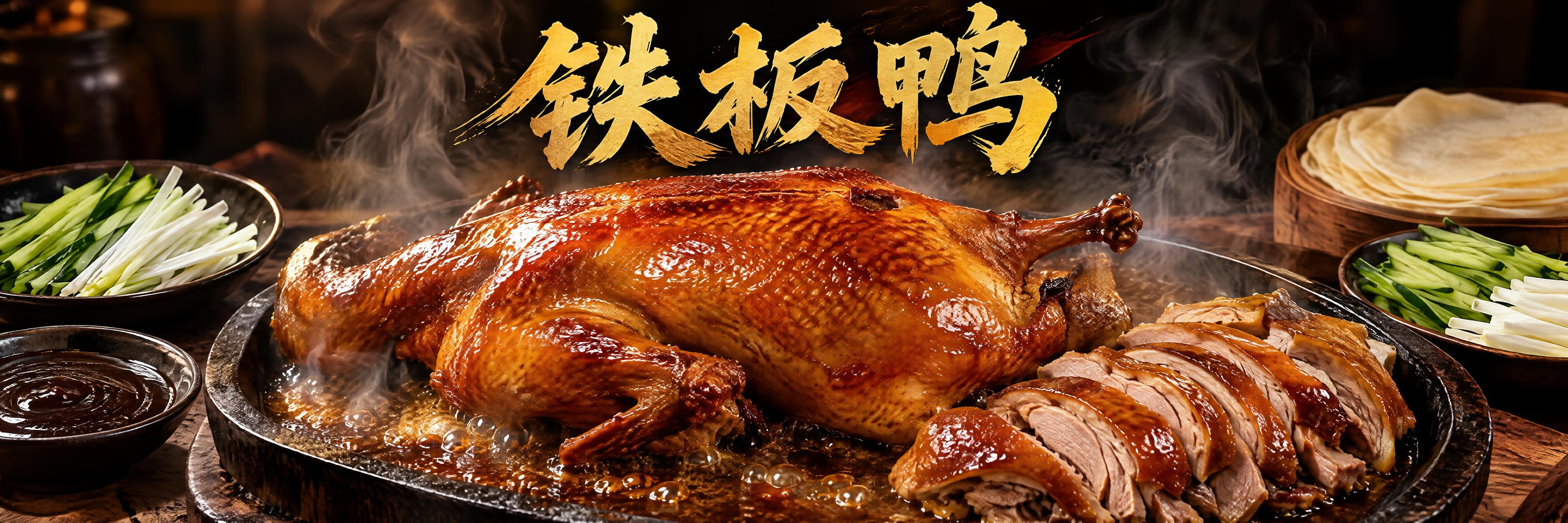 铁板鸭美食海报，横版长幅构图，画面中央是一只刚出炉的整只铁板烤… - 图片创意预览
