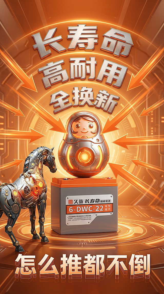橙色系海报，主体为金属不倒翁放置在参考图的久新电池上，不倒翁身体从中心向外辐射排列三行醒目的金属凸印字，顶部大号字为'长寿命'，中部为'高耐用'，底部靠近电池底座为'全换新'，所有字体边缘带有微弱的橙色内发光。机械铅锂马参考图中的样式，静立姿态，马头微侧看向不倒翁方向呈护卫状。添加流线型箭头，尾部带有速度线残影，无数外力箭头冲向中心不倒翁，不倒翁保持不动，寓意'怎么推都不倒'，使用清晰现代的无衬线字体，可分层或加细线装饰。整体海报为橙色系色调，使用参考图的电池和马的元素风格。