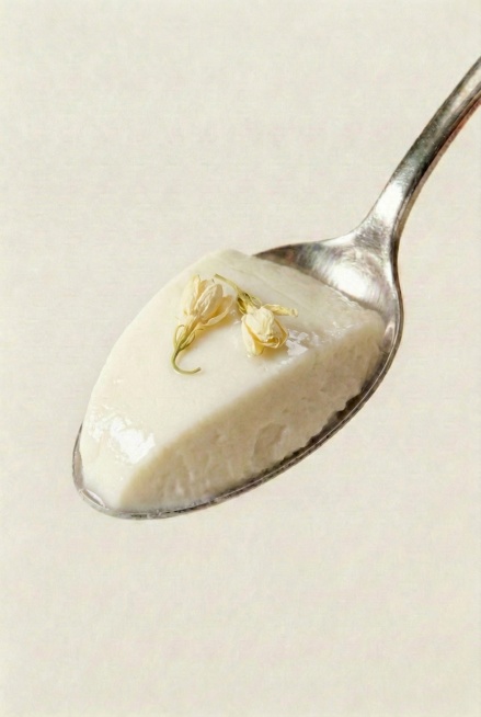 在茉莉味乳酪表面点缀2-3朵干茉莉花，保持乳酪的淡奶白色泽和水润紧实质地预览效果