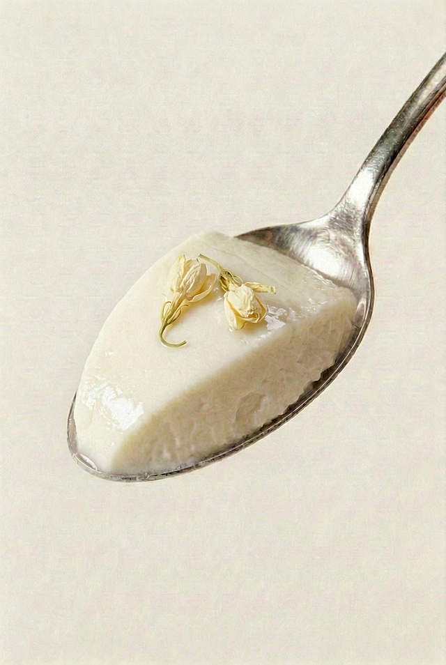 在茉莉味乳酪表面点缀2-3朵干茉莉花，保持乳酪的淡奶白色泽和水润紧实质地