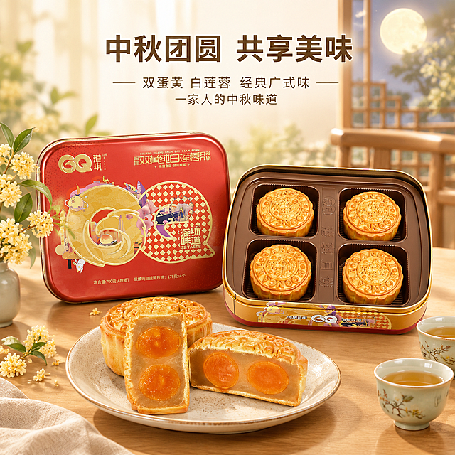 [主图-3] 家庭团圆场景，突出中秋佳节家人团聚共享月饼的温馨氛围。
[统一基调] 整体风格清新雅致，背景以浅米色、淡金色、浅茶绿为主，避免大红大黄；字体采用简洁现代的黑体家族，标题字色为深棕金，辅助字为深灰棕；排版整齐有序，不做杂乱大字报；画面有自然暖阳逆光，营造温馨食欲感。
[画面] 画面中央展示打开的月饼铁盒，四枚完整的双黄白莲蓉月饼整齐排列，旁边的浅色陶瓷盘上放着一枚切开的月饼，双蛋黄饱满诱人；背景为温馨的家居餐厅场景，浅木色餐桌，远处有模糊的中式窗棂和圆月，桌上点缀一束淡雅桂花和两个小茶杯；营造一家人中秋夜围坐赏月吃月饼的团圆感；产品占画面约50%。
[光影质感] 暖黄色柔和灯光，模拟家中餐厅氛围，月饼表面油润有光泽，整体画面温暖治愈。
[配色] 背景主色暖米白+浅木色，标题深棕金色，辅助文字深灰棕色。
[文字版式] 画面上方居中主标题："中秋团圆 共享美味"，字号适中醒目；下方两行小字："双蛋黄 白莲蓉 经典广式味" "一家人的中秋味道"；文字横排居中，排版优雅不杂乱。
[输出要求] 1:1正方形，2048x2048，文字清晰，产品完整，氛围温馨；负向：变形、错字、模糊、杂乱、水印、平台Logo、大红大黄、人物面部。