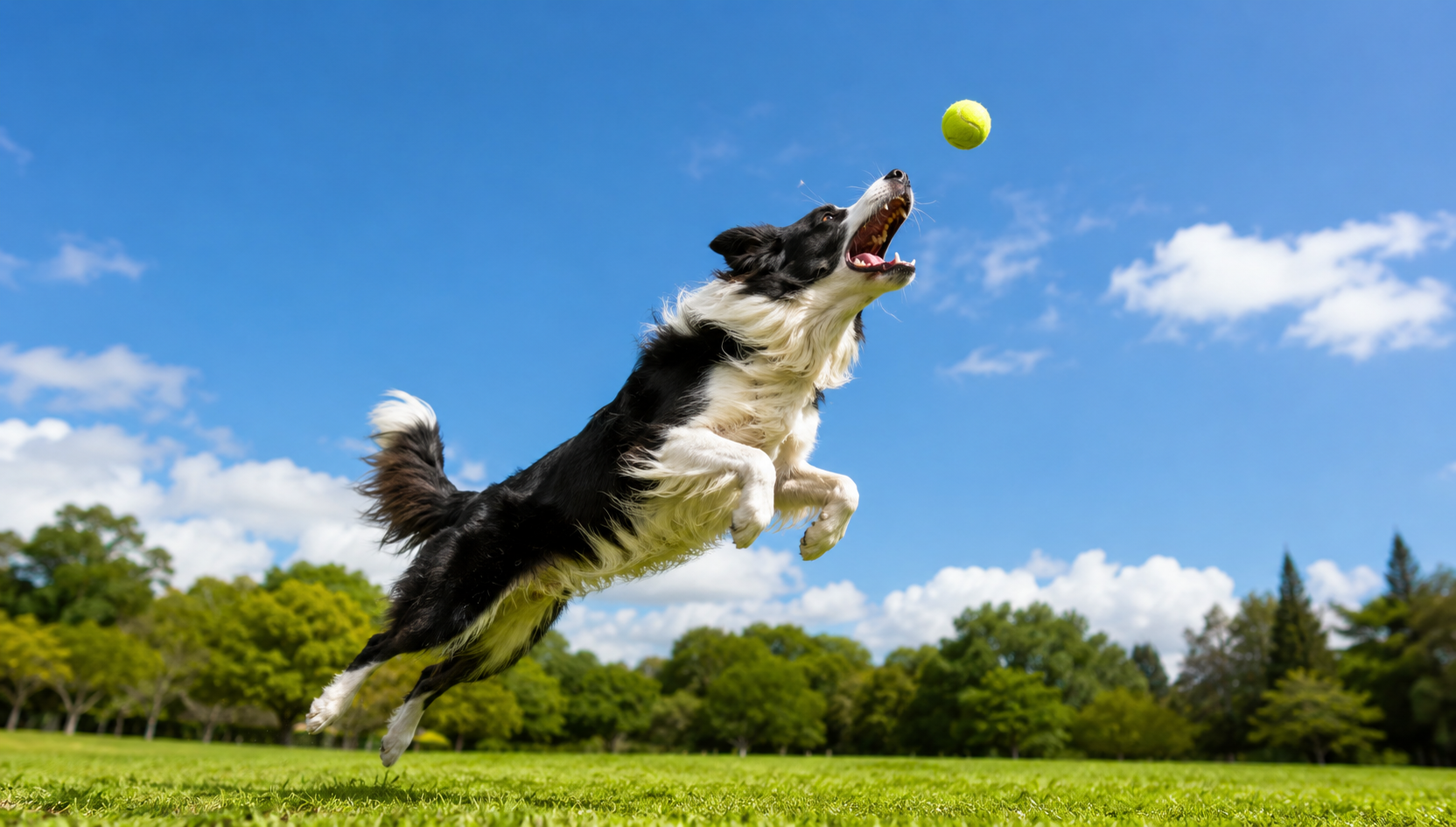 一只黑白相间的边境牧羊犬在绿色草坪上腾空跃起，张嘴准备接住空中… - 图片创意预览