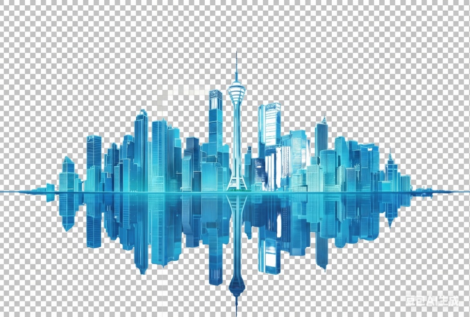 将图片转换为PNG格式，保留原图像内容：蓝色透明玻璃质感城市天际线带水面倒影，保留透明背景预览效果