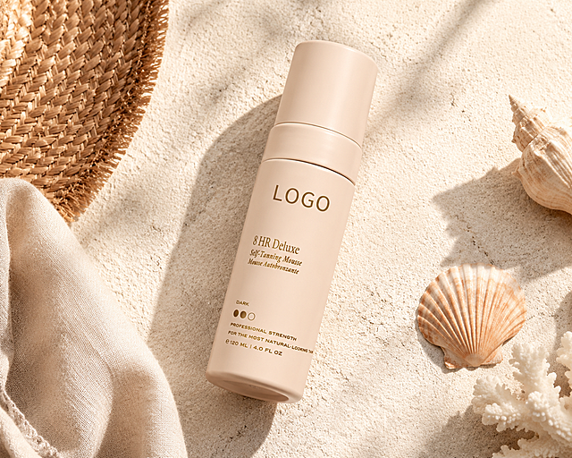 English e-commerce main image for 8 HR Deluxe Self-Tanning Mousse, summer beach luxury lifestyle product shot, product bottle placed on neutral textured background, clean premium commercial aesthetic, highlight dark strength 120ml packaging