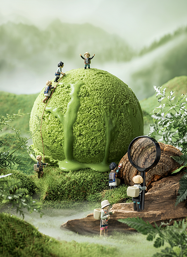 将图片2商品放到图片1中，商品像小山丘一样，小人攀爬商品，保证融图效果