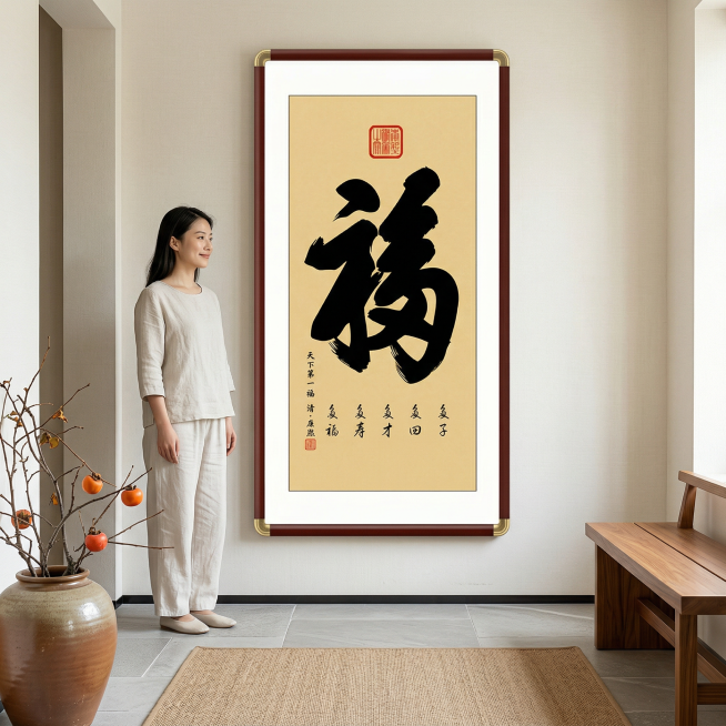 图1挂画的画框换成图片2中的黑棕色画框，四边画框都一样宽4cm，图1的挂画宽60cm高120cm，并生成和挂画适配的场景，挂在轻中式治愈系家居玄关场景，场景和挂画搭配协调统一，4K高清，光线明亮，色调预览效果