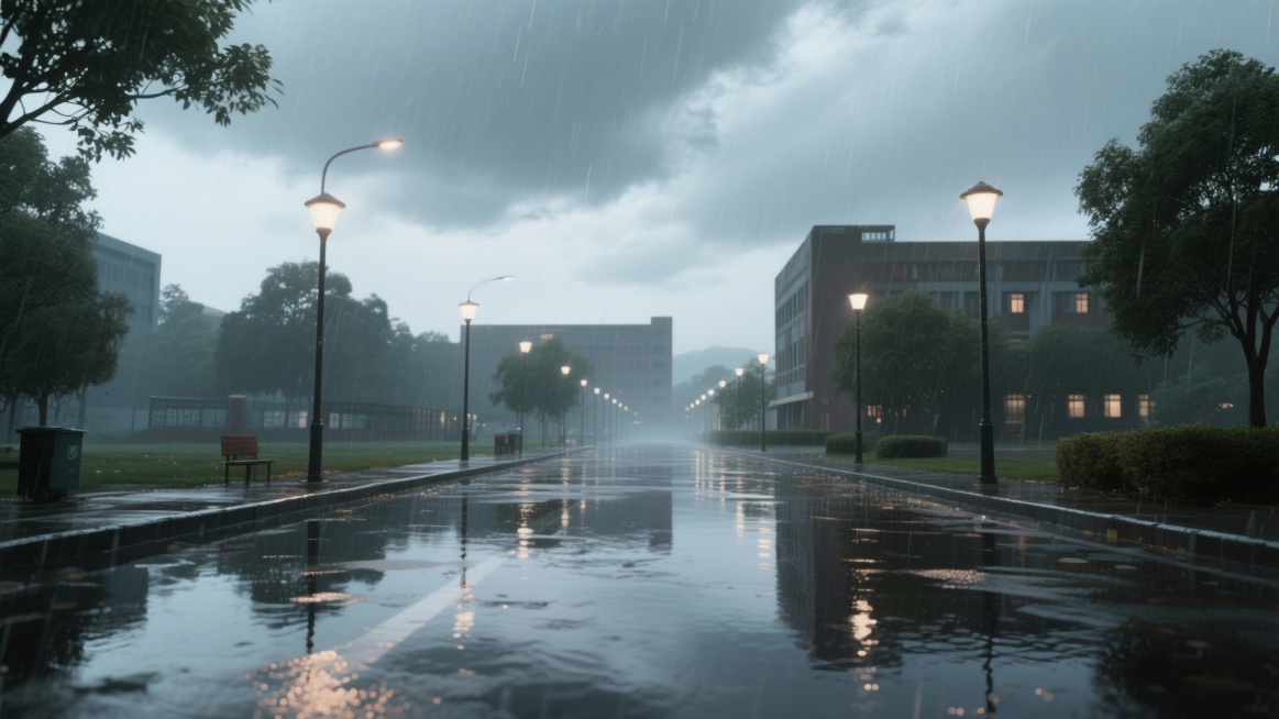 雨天校园远景，云层低垂，细细密密的雨丝洒落，路面泛着水光，路灯倒影被雨水打乱又重组，氛围柔和不压抑预览效果