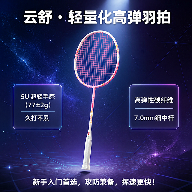 将羽毛球拍产品图合成到深蓝到紫色的深邃渐变星空背景中，背景带有细碎星光闪烁质感和隐约的结构网格线。画面中央偏下位置，云舒樱花粉羽毛球拍直立微倾悬浮，侧上方聚光打在拍框上，凸显粉色线条光泽和碳纤维质感，球拍下方有柔和投影。保持球拍外观（粉白配色、火焰纹、樱花粉拍线、白色握把、SWancor品牌标识）与输入产品图完全一致，杜绝变形和色差。顶部居中大字号加粗白色标题文字："云舒 · 轻量化高弹羽拍"，字体现代无衬线粗体。左右两侧对称放置两个半透明圆角矩形标签：左侧标签内白色文字"5U 超轻手感 (77±2g) | 久打不累"；右侧标签内白色文字"高弹性碳纤维 | 7.0mm细中杆"。底部居中白色文字："新手入门首选，攻防兼备，挥速更快！"。整体科技感、深邃星空氛围，文字清晰锐利，商业电商海报质感。
