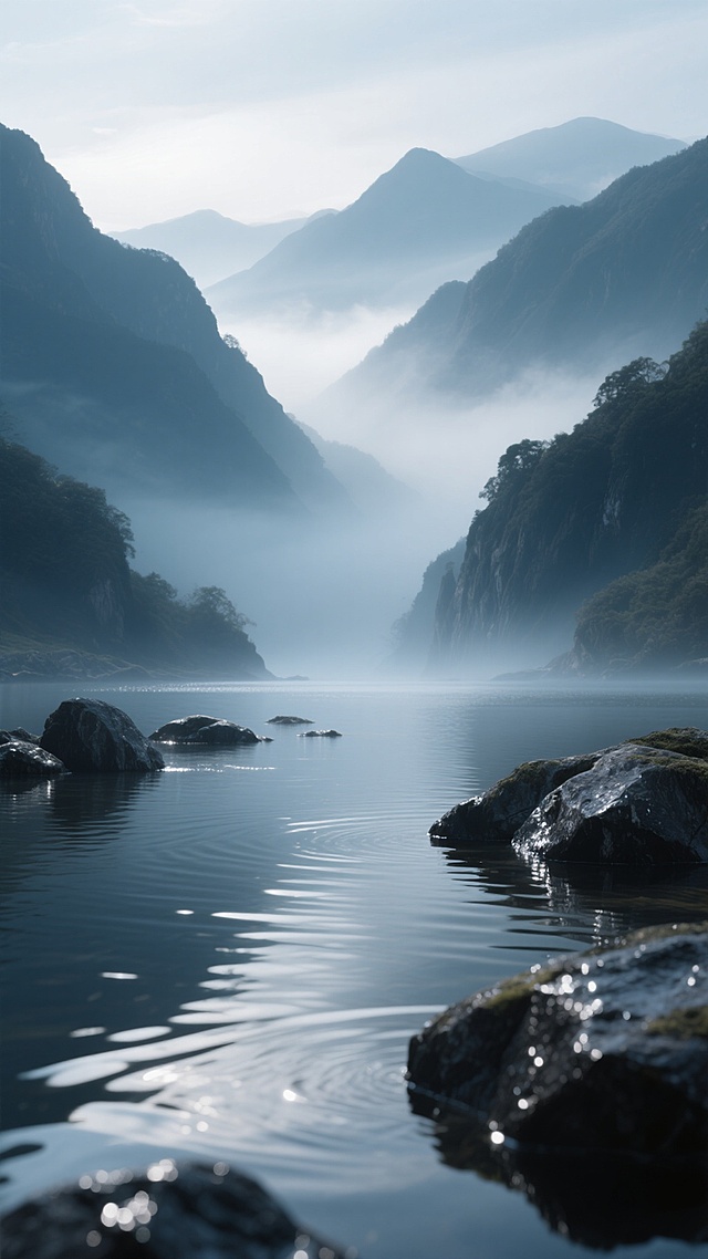 高清展台背景设计，超写实风格，宁静幽深的山水景观，主体为波光粼粼的平静水面，水面上点缀着湿润的深色岩石，远处是被薄雾笼罩的连绵山峦，整体色调以深蓝、浅灰和白色为主，柔和的侧逆光从山间穿透，形成朦胧的光晕效果，水面反射出细腻的光线波纹，岩石表面有清晰的湿润质感和纹理，构图采用纵向延伸的深远空间感，营造出静谧、空灵、自然的氛围，适合作为具有高端自然意境的展示背景。
