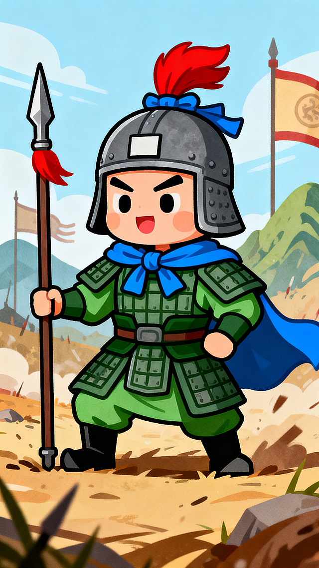 三国时期中国古代士兵，戴着方巾和头盔，卡通风格