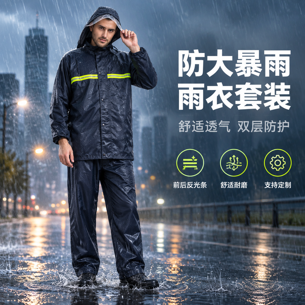 [主图-1] 防大暴雨雨衣套装核心卖点首图，突出产品整体与暴雨… - 图片创意预览