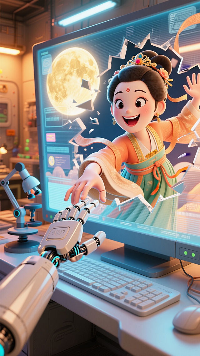 未来感3D卡通，虚拟现实科技风，古装少女穿越屏幕，与机械臂互动。