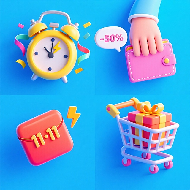 软3D风格的双十一促销插画，融合可爱卡通元素与轻拟物设计，呈现闹钟、钱包、购物车等图标，搭配塑料质感与鲜明色彩，传递节日优惠氛围。