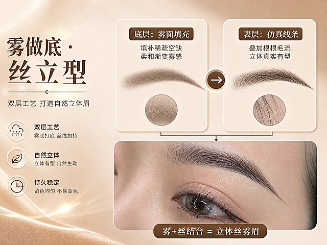[商品] 使用【图2】真实纹眉效果实拍图；保留眉毛的真实毛流走向、根根分明的线条质感、棕黑色调、皮肤真实纹理与眼部细节；不改变眉毛形态和颜色，仅做质感优化。
[画面] 目标：技术机理页，讲解「雾做底+丝立型」双层技术原理，让用户理解工艺差异。构图：横版4:3，左侧1/3为标题区，右侧2/3为左右分栏机理示意（左雾底+右丝线条），底部放眉眼特写小图。主体：左侧雾面填充效果示意（柔和渐变雾感），右侧仿真线条效果示意（根根毛流），中间用箭头连接表示叠加。背景：暖杏奶茶色哑光质感背景，上下有深浅渐变。前中后景：前景机理图形，中景文字说明，后景纯色渐变。阅读动线：从左到右，先标题再左右对比再看效果。
[视觉] 套系策略：风格=高级轻奢医美纹绣风，温柔质感商业摄影；标题字=优雅宋体加粗，衬线体；正文字=简洁无衬线黑体；主色=暖杏奶茶色（米棕调）；背景延展=基于暖杏奶茶色做深浅渐变、同色系层次、丝绸/哑光纸张质感、淡金光晕点缀；强调色=深棕咖色，仅用于小面积图标、引线、标签和重点文字高亮；标题色=深棕咖色；正文色=中暖棕色；组件=圆角浅米色信息卡、细金线引线、圆形图标、柔边光晕；光影=左前侧暖柔光，柔和漫射，皮肤通透有光泽。
[文字] 左侧主标题「雾做底 · 丝立型」（大字号），副标题「双层工艺 打造自然立体眉」（中字号）。右侧左侧模块标题「底层：雾面填充」，配文「填补稀疏空缺 柔和渐变雾感」；右侧模块标题「表层：仿真线条」，配文「叠加根根毛流 立体真实有型」。底部小图配文「雾+丝结合 = 立体丝雾眉」。所有文字横排，字号保证清晰可读。
[规格] 图片比例4:3横版，分辨率2K，负向提示：避免变形、模糊、文字错字、冷蓝/冷灰背景、眉毛颜色失真、皮肤质感塑料感、竖排文字、绝对化用语。