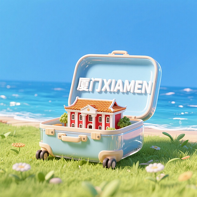 一个打开的透明行李箱，行李箱内侧盖子写着“厦门XIAMEN“，行李箱体里是厦门大学、大海组成的3d微缩景观，行李箱被放在草地上