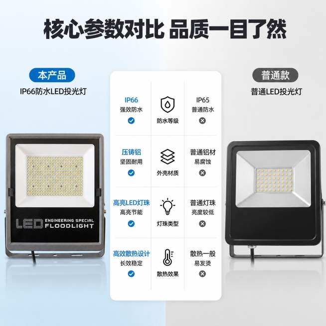 「图片1」，生成电商主图（10张）主图比例为1:1这是一款IP66防水投光灯，压铸铝的外壳，内配3030高亮大灯珠，钢化玻璃灯罩，散热好，适用安装于：球场，广场高杆，小区庭院，工业园区预览效果