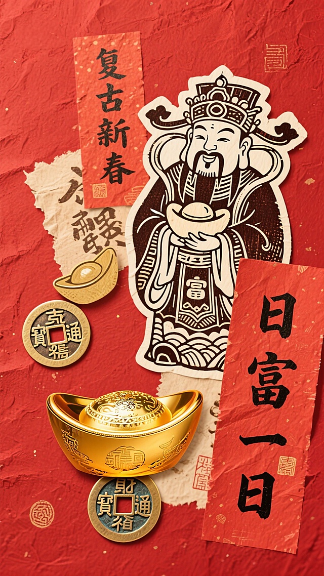 复古新春，国潮风剪纸财神手持金元宝，搭配撕纸拼贴与鎏金元素，红底衬托喜庆感，传统纹样点缀，寓意日富一日。