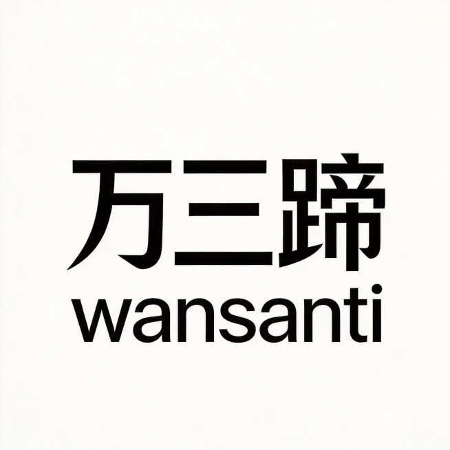 纯白色干净背景。平面艺术字体设计，主体文字为 "万三蹄" "wansanti"，所有文字单行横向排列，现代极简高级风格，无衬线字体，几何化处理，简约流畅的几何笔画切割，黑色单色字体，无图案，无装饰，仅预览效果