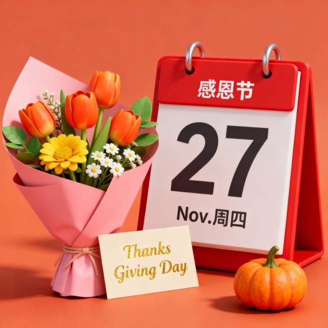 3D风格感恩节主题插画，红色台历显示“感恩节 27 Nov. 周四”，旁边是粉色包装纸包裹的花束，内含橙色郁金香、黄色花朵、白色小花和绿色叶子，花束下方有米色卡片写着金色“Thanks Giving Day”字样，右下角是橙色小南瓜，整体采用温暖的橙红色调，柔和阴影增强立体感，画面简洁明快，充满节日氛围。预览效果