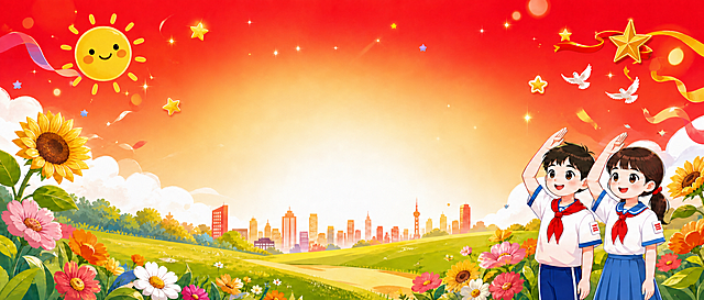 保留原图片所有背景元素、卡通插画风格和两名少先队员，移除左侧的城堡建筑，并用花草草地和城市天际线自然填充空缺位置，保持整体画面协调统一