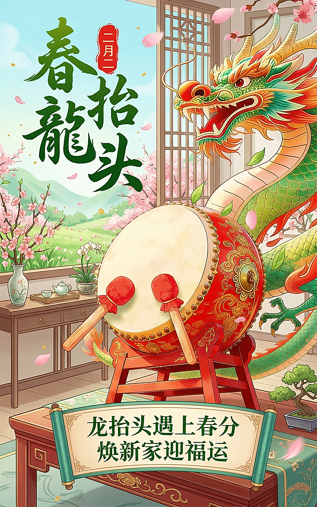 参考示例图片，生成二月二龙抬头和春分主题的海报，包含中国龙，红色龙鼓，龙头龙身，搭配桃花春草等春分春季元素，融入家居场景，带有文案“春龙抬头 二月二 龙抬头遇上春分 焕新家迎福运”，国潮插画风格，整体清新喜庆，绿意盎然。