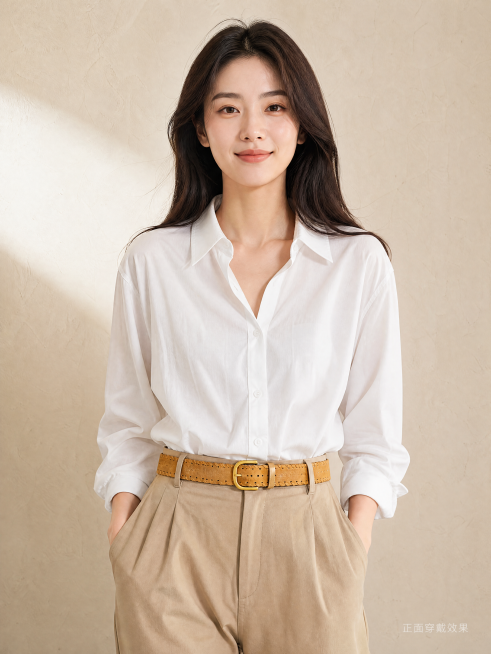 [主图-2] 女士穿搭模特展示腰带正面。
[氛围风格] 松弛自然高级感，生活化日常穿搭。
[画质] 商业摄影质感、光线柔和通透、产品清晰真实、画面干净高级。
[元素] 年轻亚洲女模特，卡其色休闲裤搭配预览效果