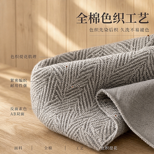 [主图-3] 面料材质与色织工艺展示图，突出全棉色织工艺与提花肌理细节品质。
[统一基调] 侘寂原木风家居氛围，暖调自然光午后慵懒光斑，背景为原木竖纹墙面与同色系木地板，整体配色以高级灰、原木棕、米白为主，标题字色为深炭灰色，辅助字色为中灰色，强调色为暖棕褐色，字体为简洁现代衬线体，字号层级分明，组件样式为轻量细线标签无厚重色块底板。
[画面] 画面主体为灰色色织提花面料的超特写微距展示，面料人字纹肌理清晰可见，棉线编织纹理细腻有质感，展现色织工艺的立体感与艺术肌理。画面右侧有一小块翻折的面料，露出反面素色的一面，暗示AB双面设计。面料下方隐约可见原木桌面作为背景衬托。面料纹理占画面约75%，细节丰富有层次。
[光影质感] 商业微距摄影质感，侧光打在面料上突出编织纹理的凹凸立体感，棉线纤维清晰可见，色织色彩层次分明，光影塑造出面料的质感与厚度，整体高级有品质感。
[配色] 主色调高级灰+深浅灰色阶变化+原木棕，侧光营造肌理立体感。
[文字版式] 右上角叠放大号标题"全棉色织工艺"，标题为深炭灰色衬线体。标题下方小字说明"色织先染后织 久洗不易褪色"。画面左侧用细线引线标注三个工艺细节，分别指向对应位置："色织提花肌理""紧密编织 耐用性强""反面素色 AB双面"，引线末端为小圆点，文字为小号中灰色，排版精致。底部横排一行核心参数"面料 全棉 工艺 色织提花"。
[输出要求] 1:1正方形比例，文字清晰可读，面料纹理清晰锐利，禁止变形、错字、模糊、杂乱、水印、平台Logo，禁止出现绝对化用语。